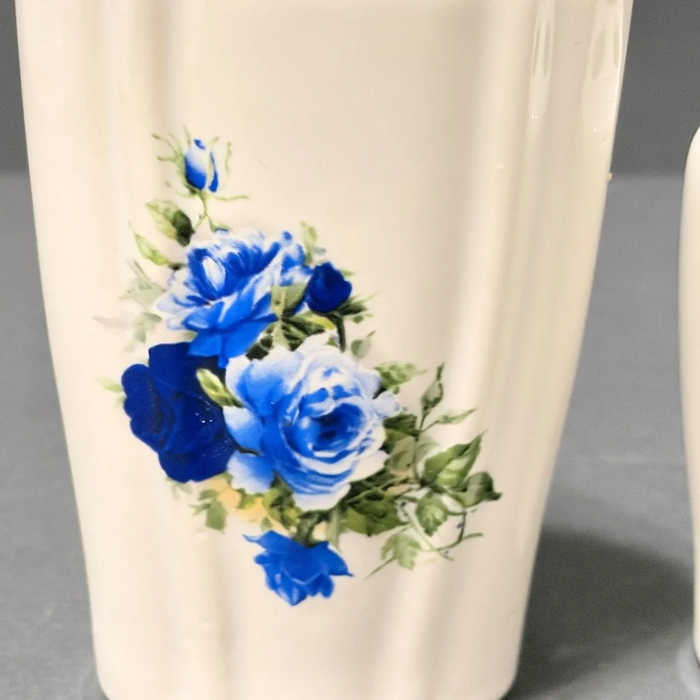 Crown Heritage Blue Rose Ceramic Soap Dispenser & Toothbrush Holder Set England